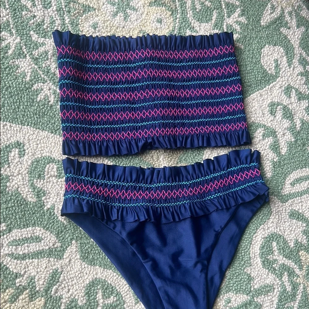 Mosmann Australia Navy Smocked Strapless Bikini Set Size Small‎